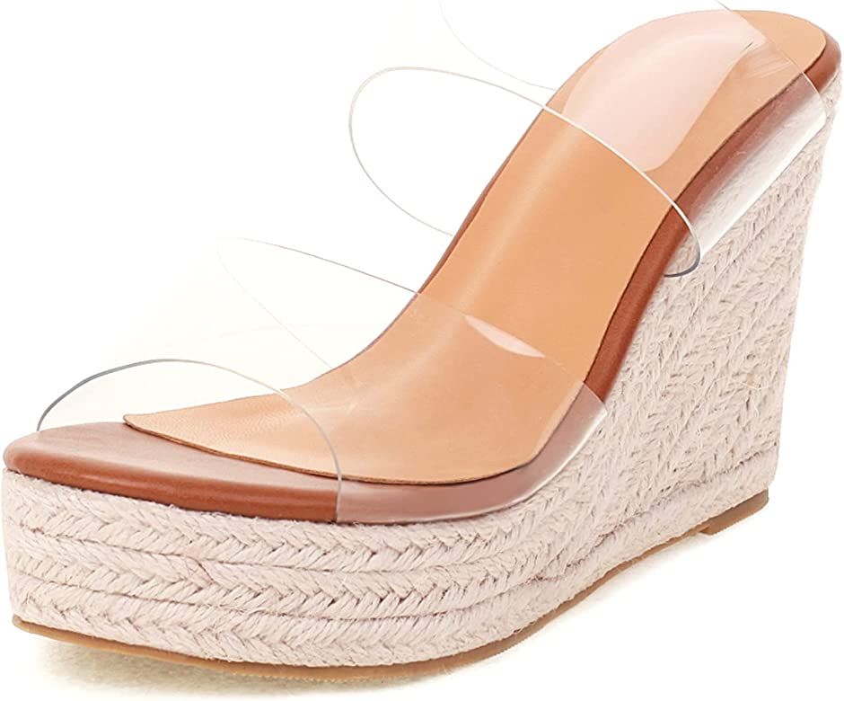 Women Slip On Clear Straps Espadrille Wedge Heel Sandals Slide Peep Toe Mule Platform Sandals | Amazon (US)