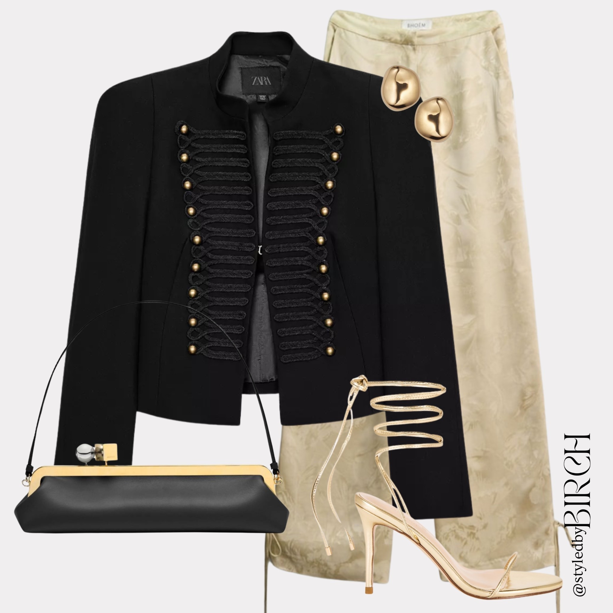 The military jacket gives serious early 2000s pop princess energy.

Cheryl Fight For This Love vibes but make it elevated 🖤 This is going out out energy.

#ootd #eveningwear #chicstyle #nightout #outfitinspo

Tags 🏷️
Black military style jacket, gold satin wide leg trousers, gold strappy heels, black clutch bag, gold statement earrings

#LTKeurope #LTKpartywear #LTKluxury