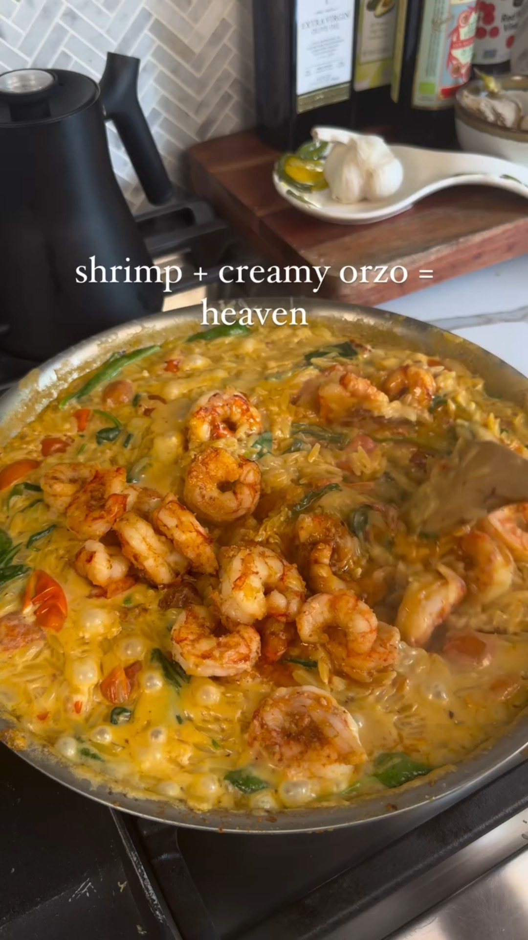 Creamy shrimp orzo ✨ 

Follow @fridasofiaeats + comment “Recipe” and I’ll send you the full recipe 👩🏼‍🍳 

I somehow always keep orzo in the pantry so this dish can easily be whipped up if you grab some shrimp from the grocery store! It’s so creamy and feels fancy but easy enough to make for a weeknight 🥘 skip on the red crushed peppers if you don’t like spicy 🌶️ 

1 lbs shrimp
Olive oil
1 tbsp butter
1 tsp salt
1 tsp garlic seasoning
1/2 red crushed pepper
1 yellow onion, diced
12 oz cherry tomatoes
3 tbsp sun-dried tomatoes
1 cup heavy cream or coconut milk
3 cups chicken broth
1/4 cup grated parmesan cheese 🧀 
2 cups spinach 

1. Add olive oil to a large pan, medium heat, and let it heat up. Add shrimp, season with salt, garlic seasoning and crushed red pepper, and let cook for a few minutes each side until golden and mostly cooked through. Remove from pan and set aside.

2. Add some more olive oil to pan, add diced onion and sauté for 2-3 minutes before adding cherry tomatoes. Cook for 5 minutes until bursting and until they starten to soft. Add sun-dried tomatoes and stir. Crush tomatoes lightly by pressing down on them.

3. Add orzo to pan, along with cream and broth. Stir everything, add parmesan cheese and continue to stir. Cook for about 10 minutes until the orzo is cooked and most of the liquid has been absorbed. Stir often so that the dish doesn’t burn. 

4. Once most of the liquid has been absorbed, add spinach, and stir in. Once wilted, remove from heat and serve with parmesan.
