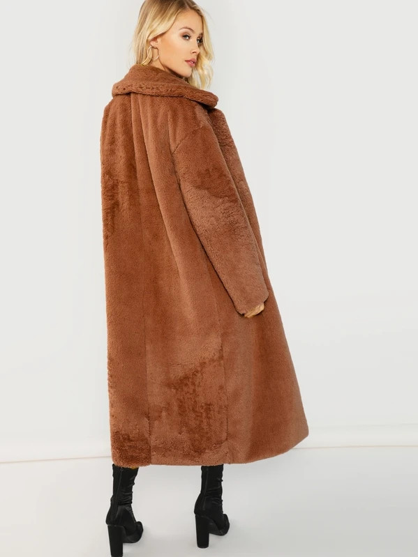 SHEIN Open Front Longline Faux Fur Teddy Coat | SHEIN
