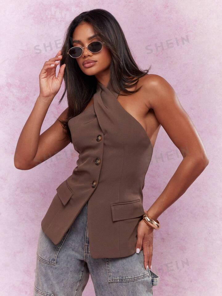 MISSGUIDED Top sans dos avec col montant croisé, avec boutons et poches | SHEIN