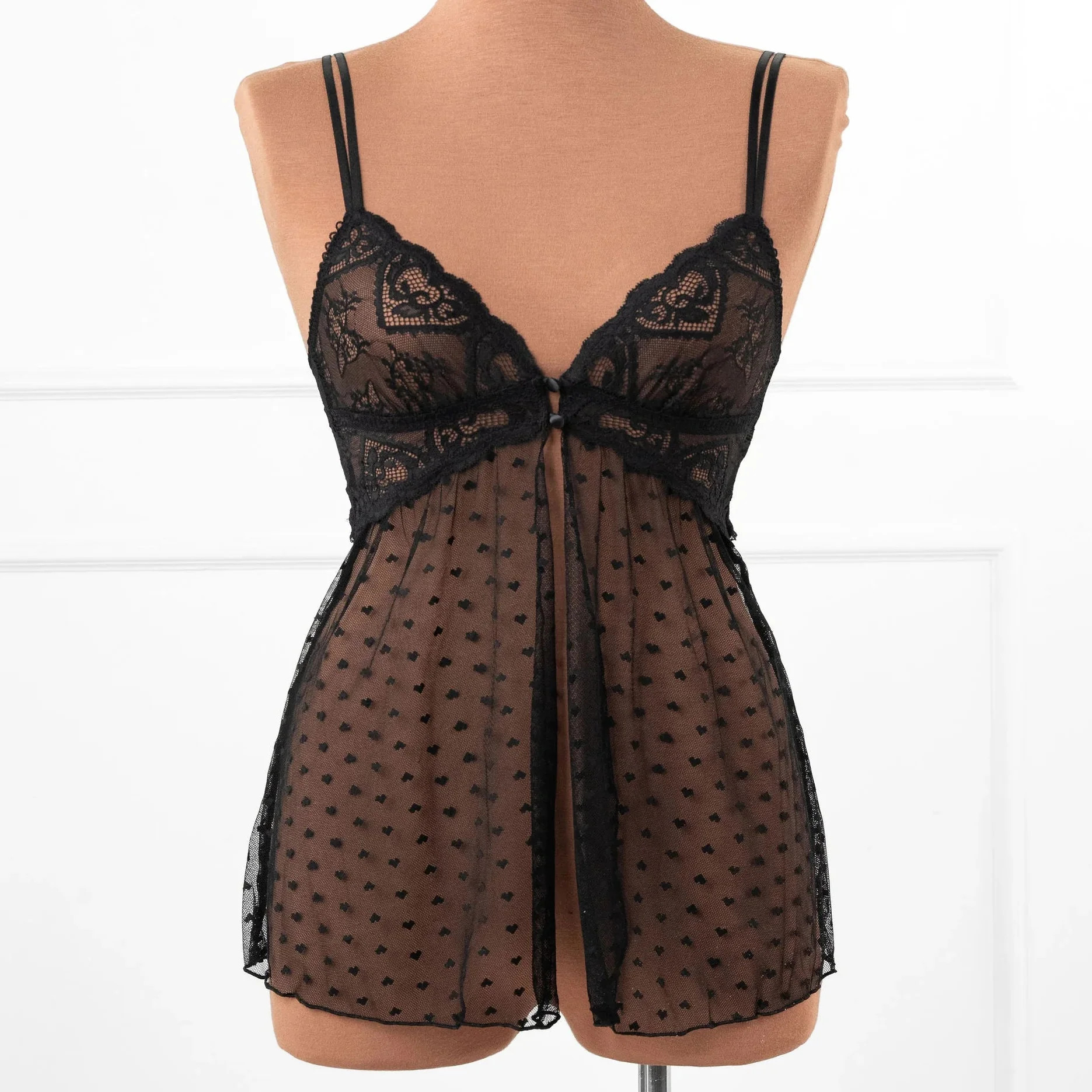 Heart Lace & Mesh Button Babydoll - Black | Mentionables