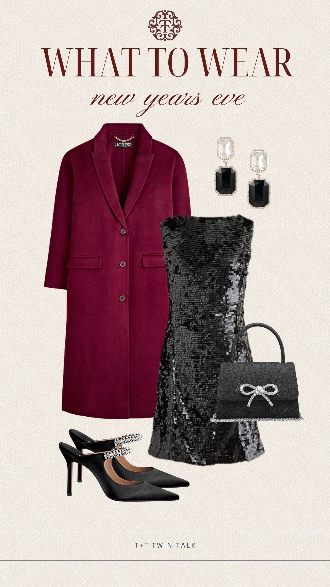T+T, what to wear for New Year’s Eve! We love this sparkly black dress from J.Crew paired with a maroon coat to stay warm. We would add heels, a little purse, and sparkly earrings to complete the look. 

#LTKHoliday #LTKSeasonal #LTKOver40