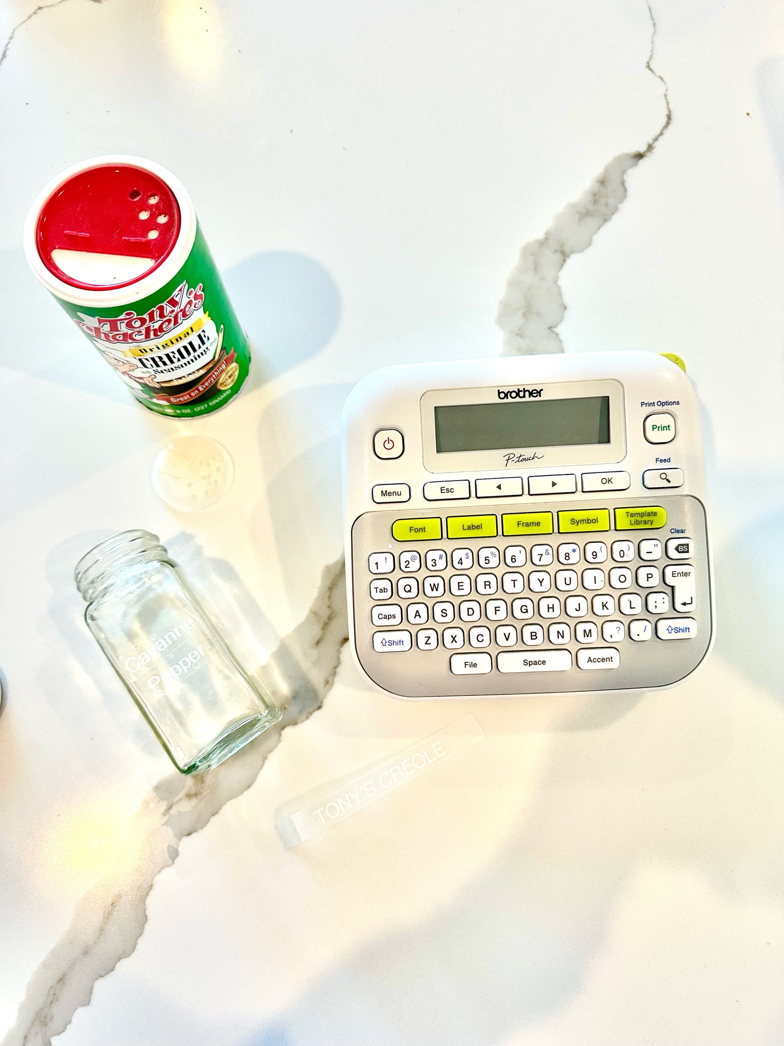 Label maker and tape to switch out labels. 