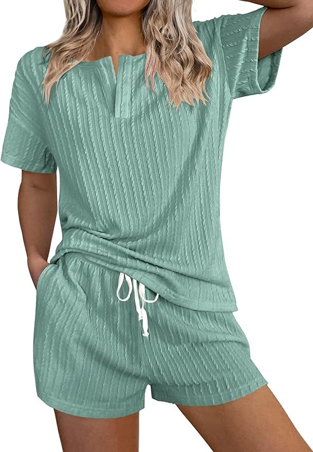 Ekouaer Ribbed Knit Lounge Sets for Women 2 Piece Outfits Short Sleeve Top and Shorts Pajama Sets... | Amazon (US)