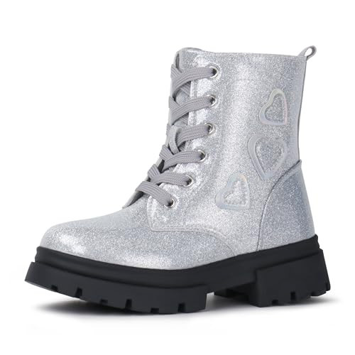 Tobfis Kids Girls Fashion Shiny Combat Work Boots Side Zipper Ankle Boots,Synthetic Silver,10 M US Toddler | Amazon (US)