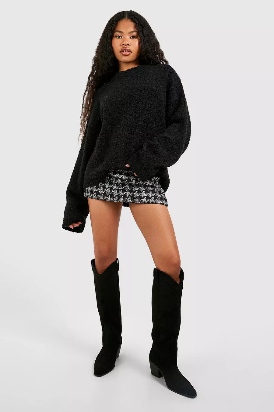 Faux Suede Knee High Heeled Western Cowboy Boots | Boohoo.com (UK & IE)