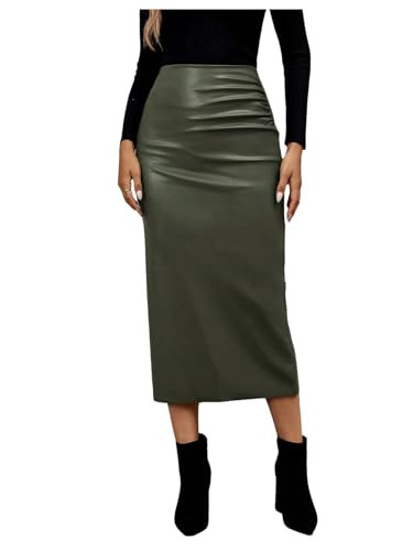 GORGLITTER Women's Casual Fitted Faux Leather Slit Maxi Skirt Ruched Side Elastic High Waist Long Pencil Skirts Olive Green Medium | Amazon (US)