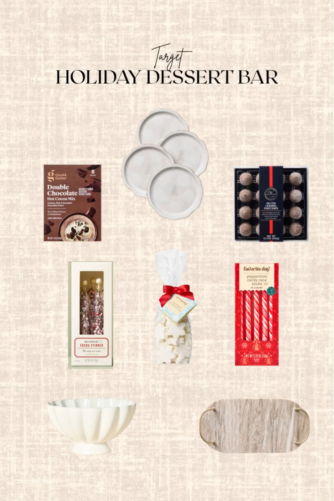 Target Holiday dessert bar! 

Serving tray, bowl, plates, hot cocoa mix, candy cane stirrers, marshmallows 

#LTKFindsUnder50 #LTKHome #LTKHoliday