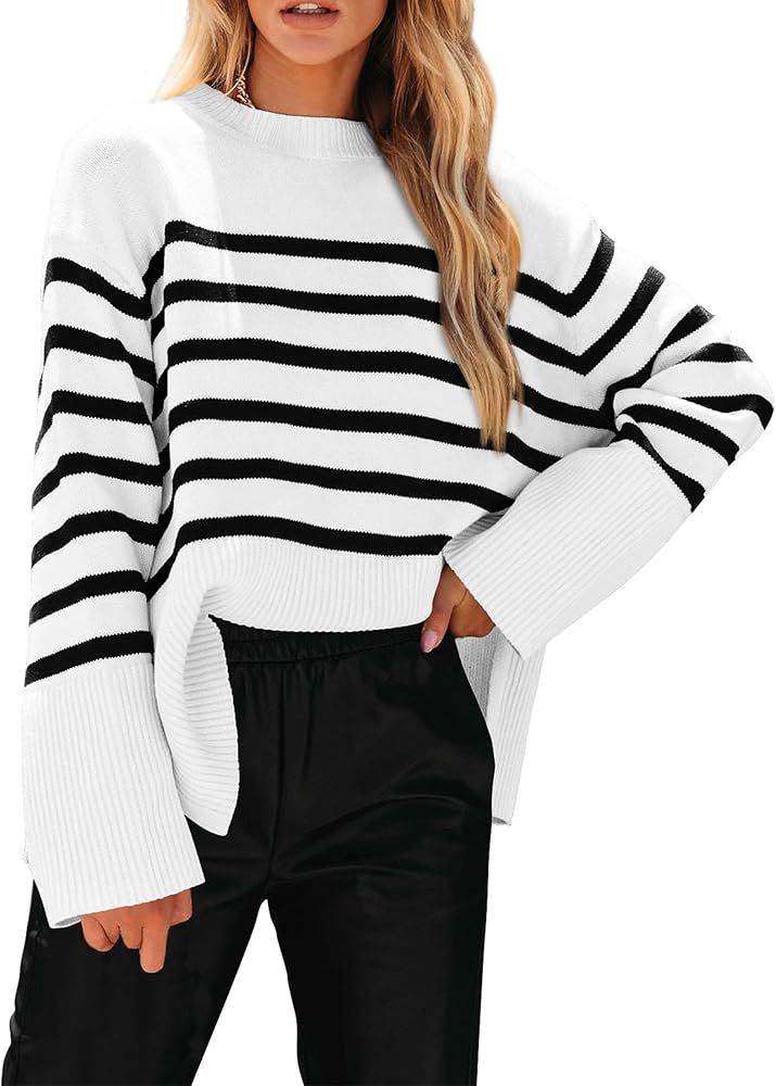 PRETTYGARDEN Women's 2023 Fall Striped Sweater Oversized Long Sleeve Crew Neck Side Slit Casual T... | Amazon (US)
