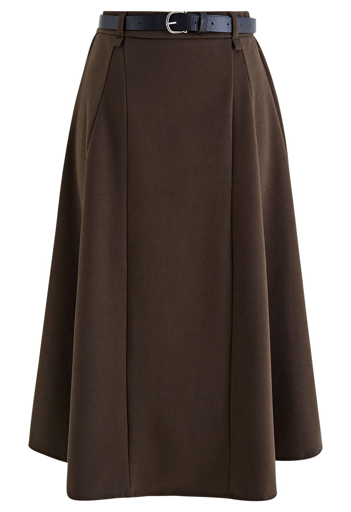 Solid Color Belted Flare Midi Skirt in Brown | Chicwish