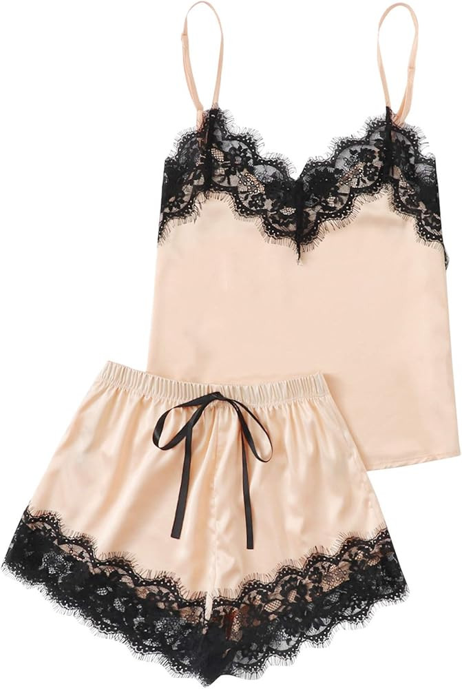 MakeMeChic Women's Lace Satin Sleepwear Cami Top and Shorts Pajama Set | Amazon (US)