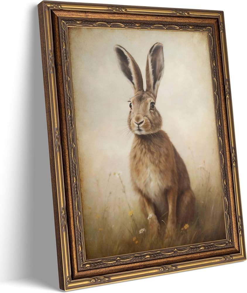 Gold Framed Funny Rabbit Wall Art Easter brown Bunny Canvas Painting Picture Wall Decor Cute Rura... | Amazon (US)