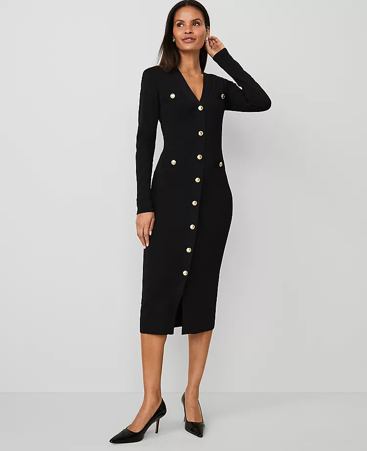 Petite Button Front V-Neck Sweater Dress | Ann Taylor