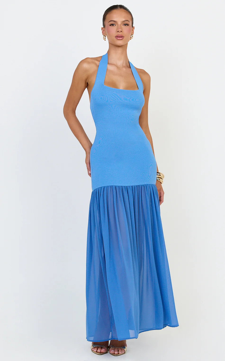 Halter Scoop Neck Contrast Georgette Dress in Cornflower Blue | Showpo (US, UK & Europe)