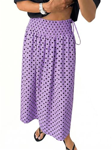 Tankaneo Womens Polka Dot Maxi Skirts Boho Smocked High Waisted Tie Skirt Casual Beach Vacation Dress Light Purple | Amazon (US)