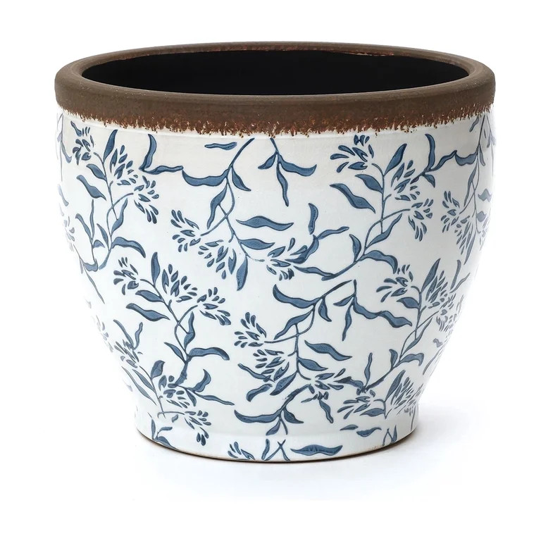 LuxenHome Blue Floral Ceramic Planter, 15.16" Round, Indoor & Outdoor Garden Pot - Walmart.com | Walmart (US)