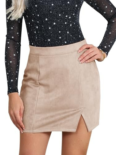 Ezcosplay Women Faux Suede Sexy Mini Skirt with Slit High Waisted Zipper Back Pencil Bodycon Short Skirts Beige | Amazon (US)