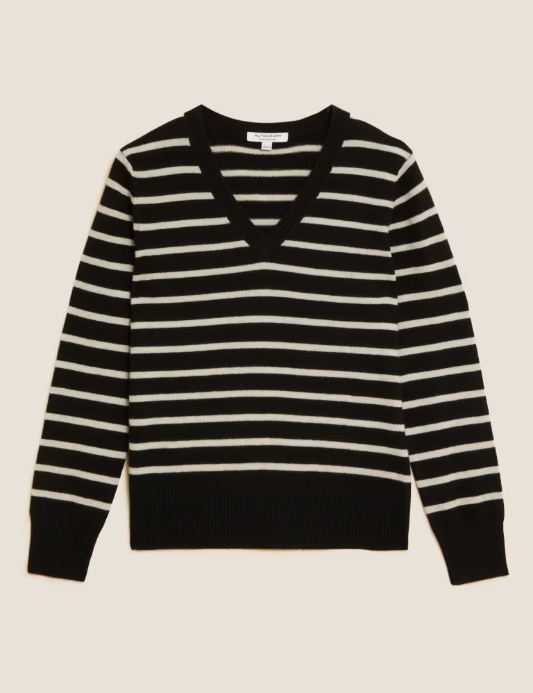 Pure Cashmere Striped V-Neck Jumper | Marks & Spencer (UK)