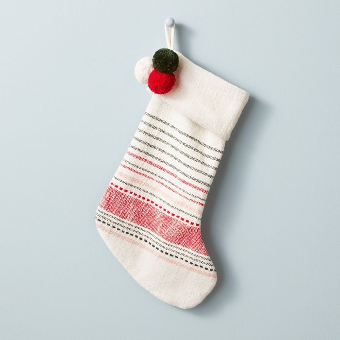 Decorative Multi Stripe Poms Stocking Red/Green - Hearth &#38; Hand&#8482; with Magnolia | Target