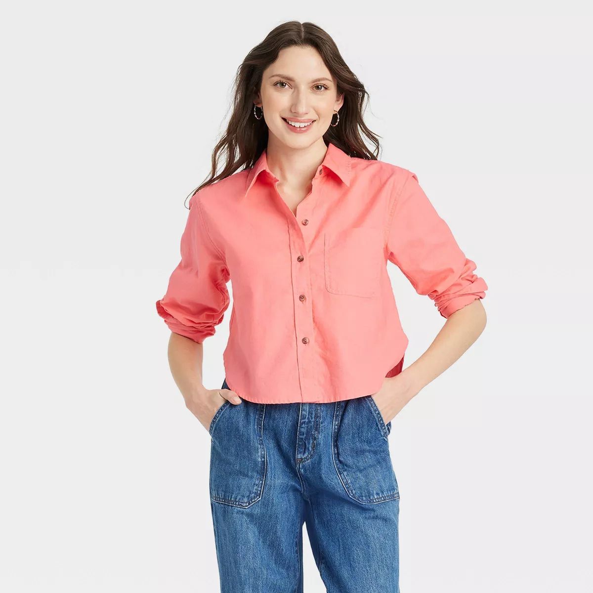 Women's Long Sleeve Collared Button-Down Shirt - Universal Thread™ Coral Pink M | Target