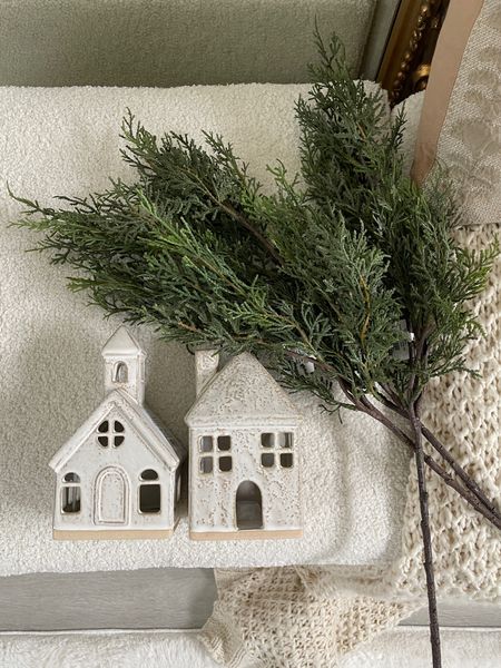 Holiday decor
Faux Cedar stems 
Ceramic Christmas village 

#LTKhome #LTKHoliday