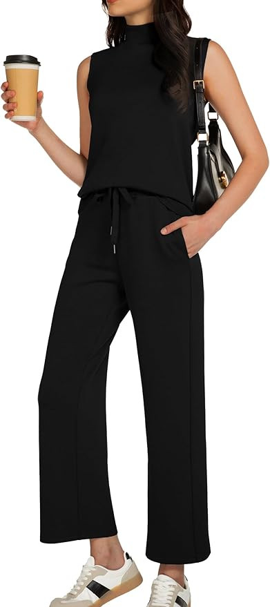 Women's Summer 2 Piece Outfits Mock Neck Tank Top Cropped Wide Leg Pants Lounge Sets 2025 Fashion... | Amazon (US)