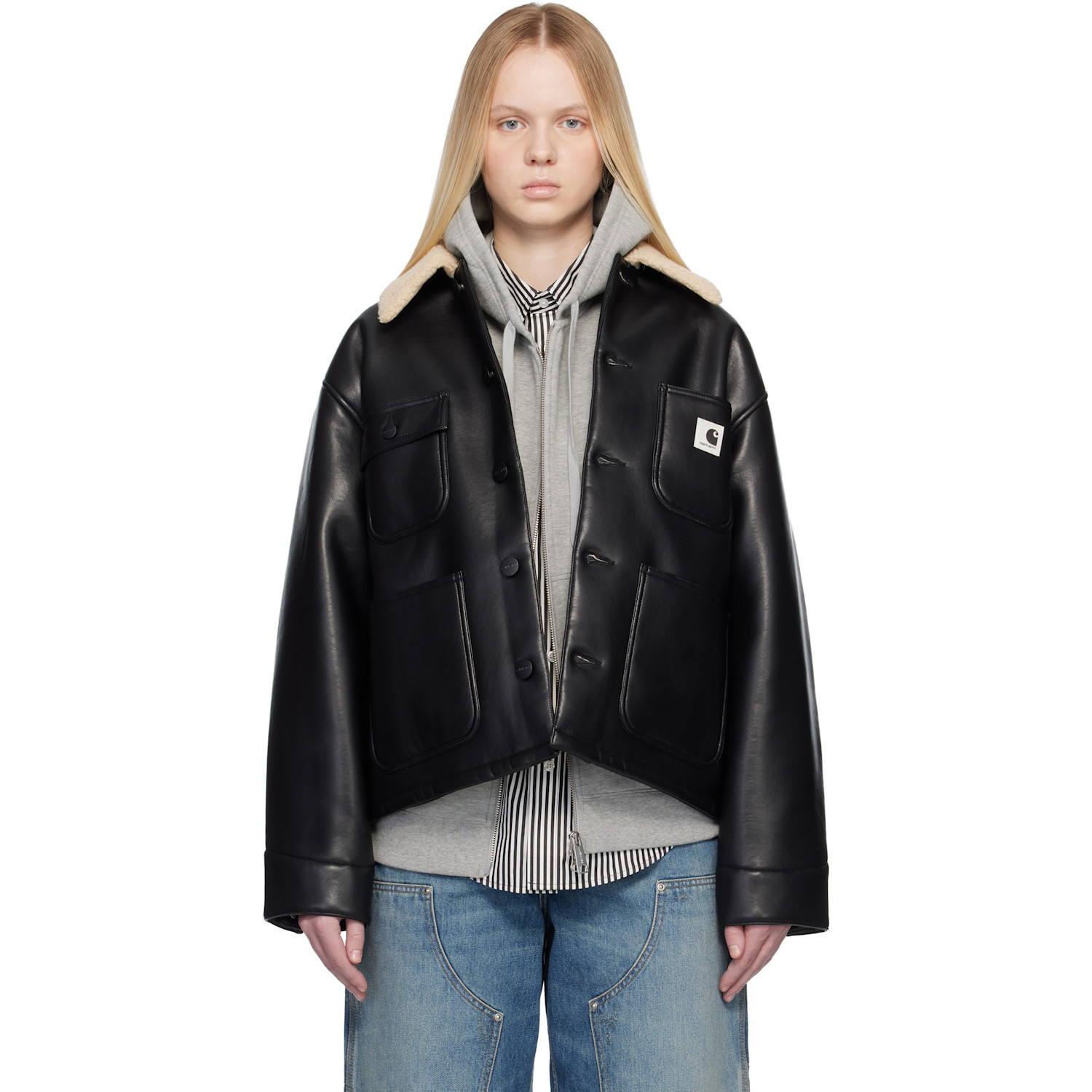 Carhartt Work In Progress Black Shepton OG Michigan Faux-Leather Jacket | SSENSE