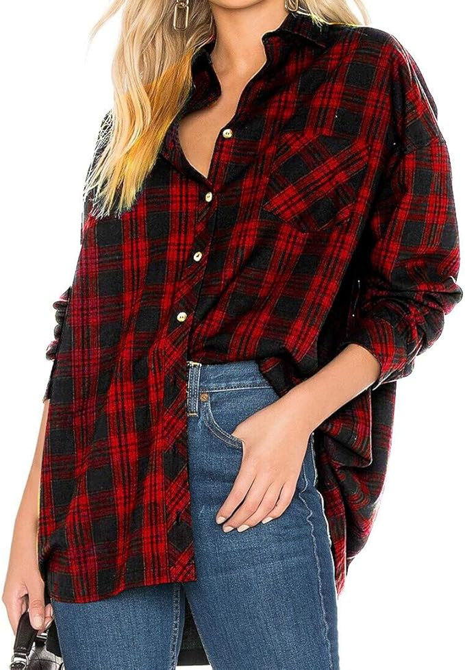 JLCNCUE Women's Classic Long Sleeve Shirt Street Fashion Flannel Plaid Shirt Oversized Tops Blous... | Amazon (US)