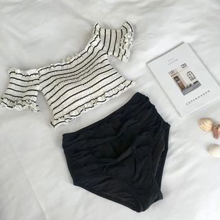 Set: Off-Shoulder Short-Sleeve Striped Swim Top + Plain Swim Bottom | YesStyle Global