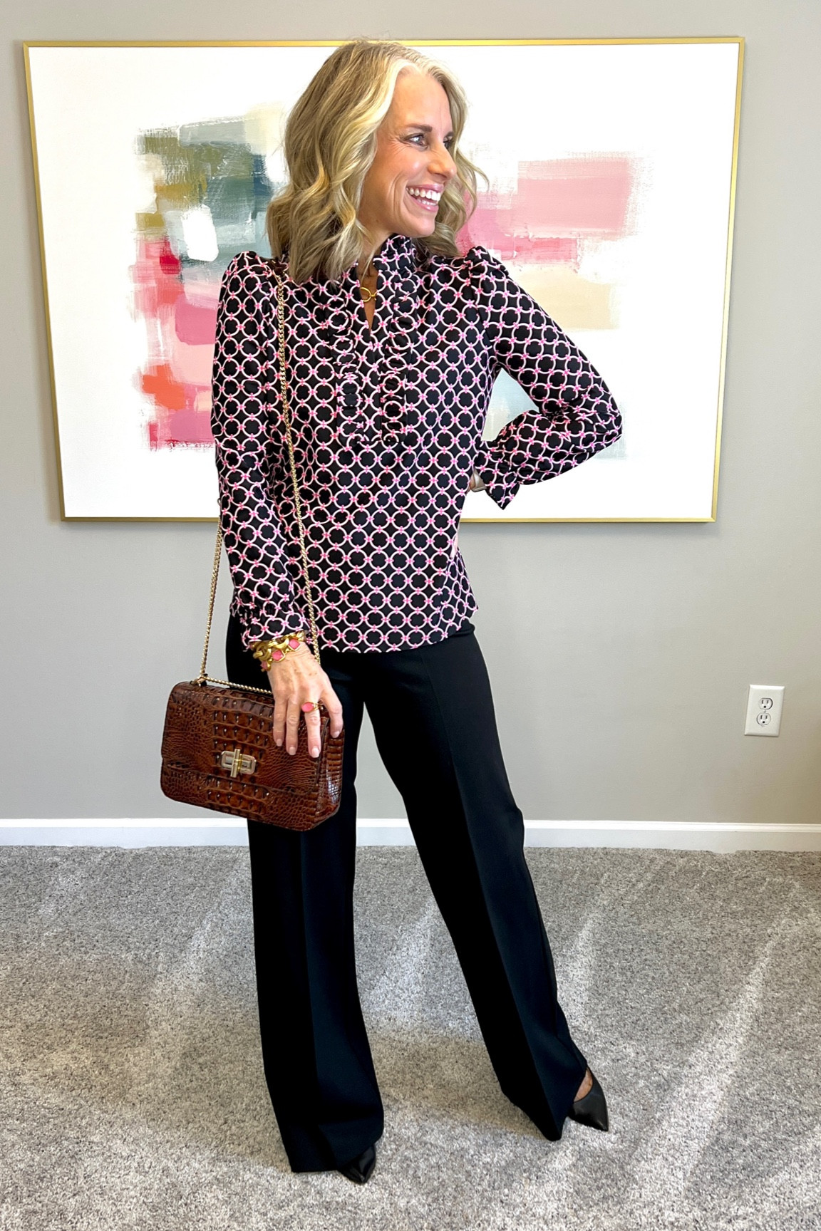 Sunday Style!!! Love the retro print on this Jude Connally top. Wearing XS
Wearing small pants. The perfect wide leg black pant. 
I wear the Spanx Thinstincts under almost all knit pants to ensure a smooth look. Not at uncomfortable 
Use LISAXSPANX 


#LTKstyletip #LTKover40 #LTKworkwear