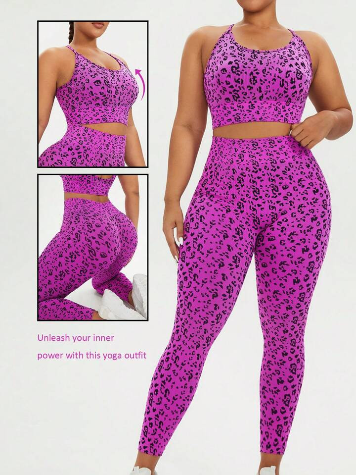 SHEIN Sport Studio Plus Size Seamless Jacquard Leopard Print Sports Bra And Leggings Set Workout Women Set | SHEIN