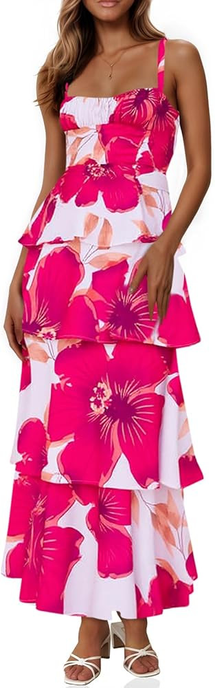 Fisoew Womens Floral Maxi Dresses Spaghetti Strap Casual Sleeveless Ruffle Flowy Tiered Dress | Amazon (US)