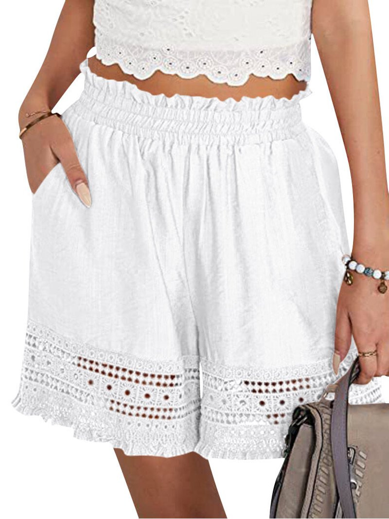 STARVNC Women Hollow Out Ruffle High Waisted Smocked Pocket Shorts With Liner - Walmart.com | Walmart (US)
