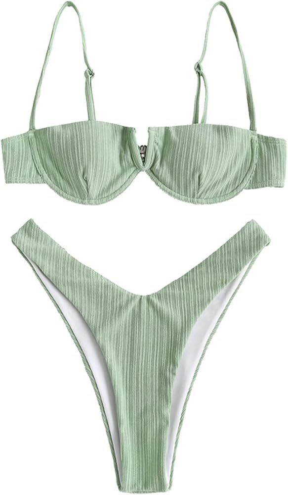 ZAFUL Women's Underwire Bikini Floral High Cut Bikini Set V-Wired Two Piece Swimsuit Bathing Suit | Amazon (US)