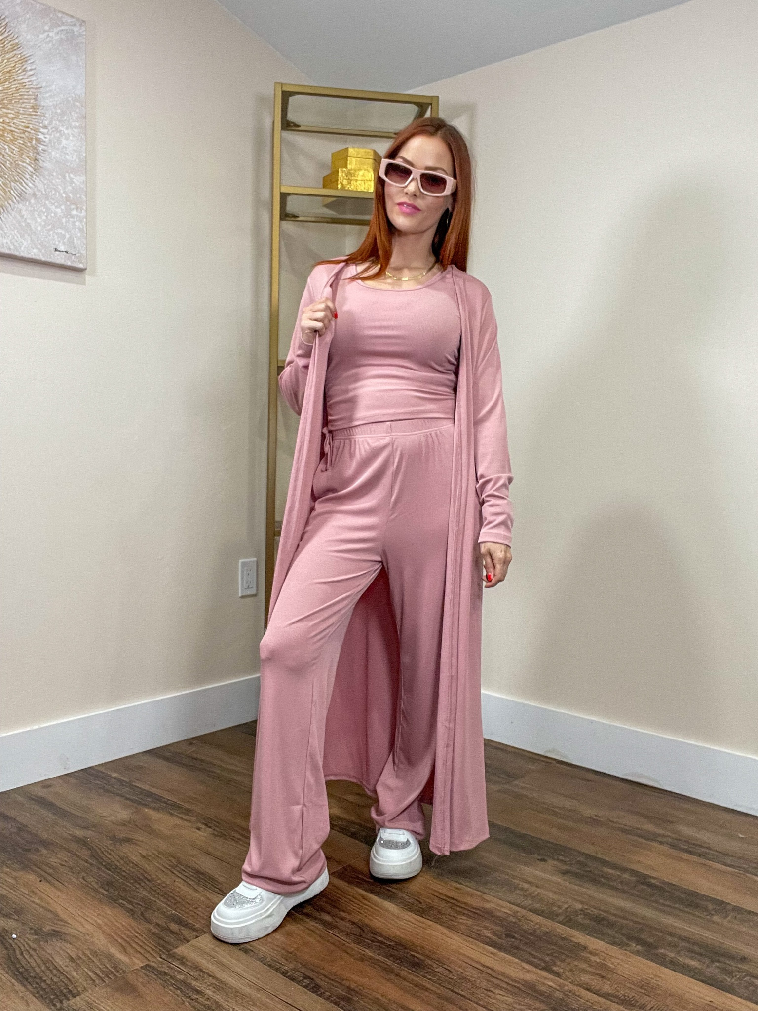 This three piece loungewear in pink is perfect for traveling, it's so lightweight. I'm wearing a size small. #founditonamazon #amazonfashion