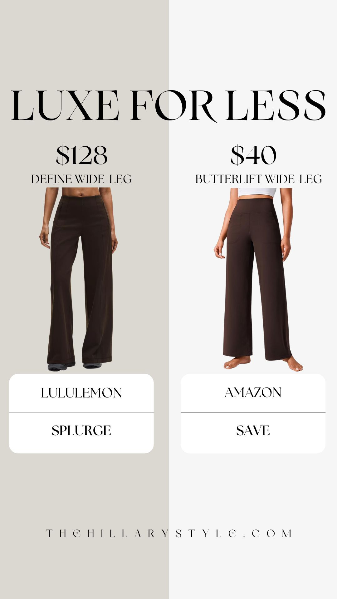 Splurge vs. Save: The Lululemon Define High-Rise Wide-Leg Pant Dupe
Obsessed with the structured, "it-girl" look of the Lululemon Define High-Rise Wide-Leg Pant? While the Luon fabric and floor-skimming fit are iconic, the $128 price tag is a commitment. I’ve tracked down the ultimate Amazon activewear dupe for under $50 that nails the supportive, cottony feel and chic wide-leg silhouette.

These are perfect for that capsule gym wardrobe, taking you from a morning reformer pilates session to running errands in style. They feature the same sweat-wicking tech and flattering, contoured waist without the high-end cost. If you’re building your 2026 fitness aesthetic on a budget, these wide-leg yoga pants are the essential "Luxe for Less" find of the season!

#TheHillaryStyle #LululemonDupe #DefineWideLeg #LuonFabric #AthleisureStyle #WideLegPants #AmazonFashion #LuxeForLess #ActivewearDupes #GymGirlStyle #PilatesOOTD #AmazonFinds #FitnessFashion #PinterestAesthetic #LTKstyle 

 

#LTKmomlife #LTKSeasonal #LTKActive