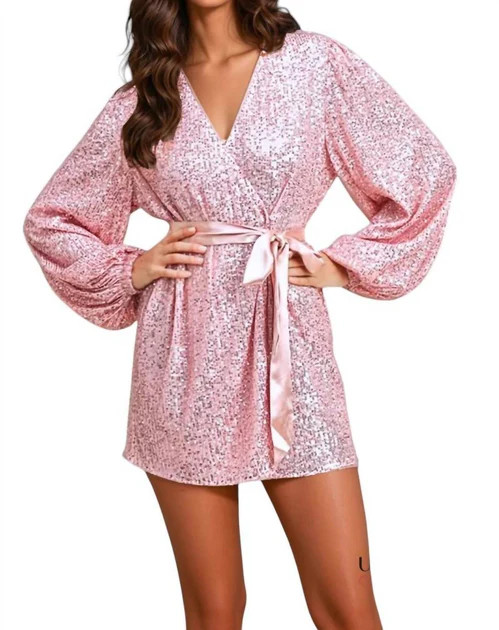Samantha Sequined Long Sleeve Wrap Dress In Pink | Shop Simon