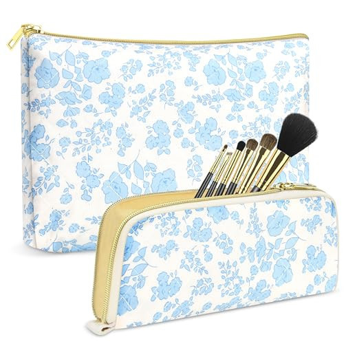 Quilted makeup bag Set for Women, Floral Cotton Makeup Bag Travel Cosmetic Pouch for Girls Make Up Organizer, Gift for Mothers Day, Birthday Gift for Her - Blue flower | Amazon (US)
