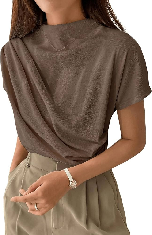 SweatyRocks Women's Casual Short Sleeve Mock Neck Tee Top Asymmetric Ruched Plain T Shirt | Amazon (US)