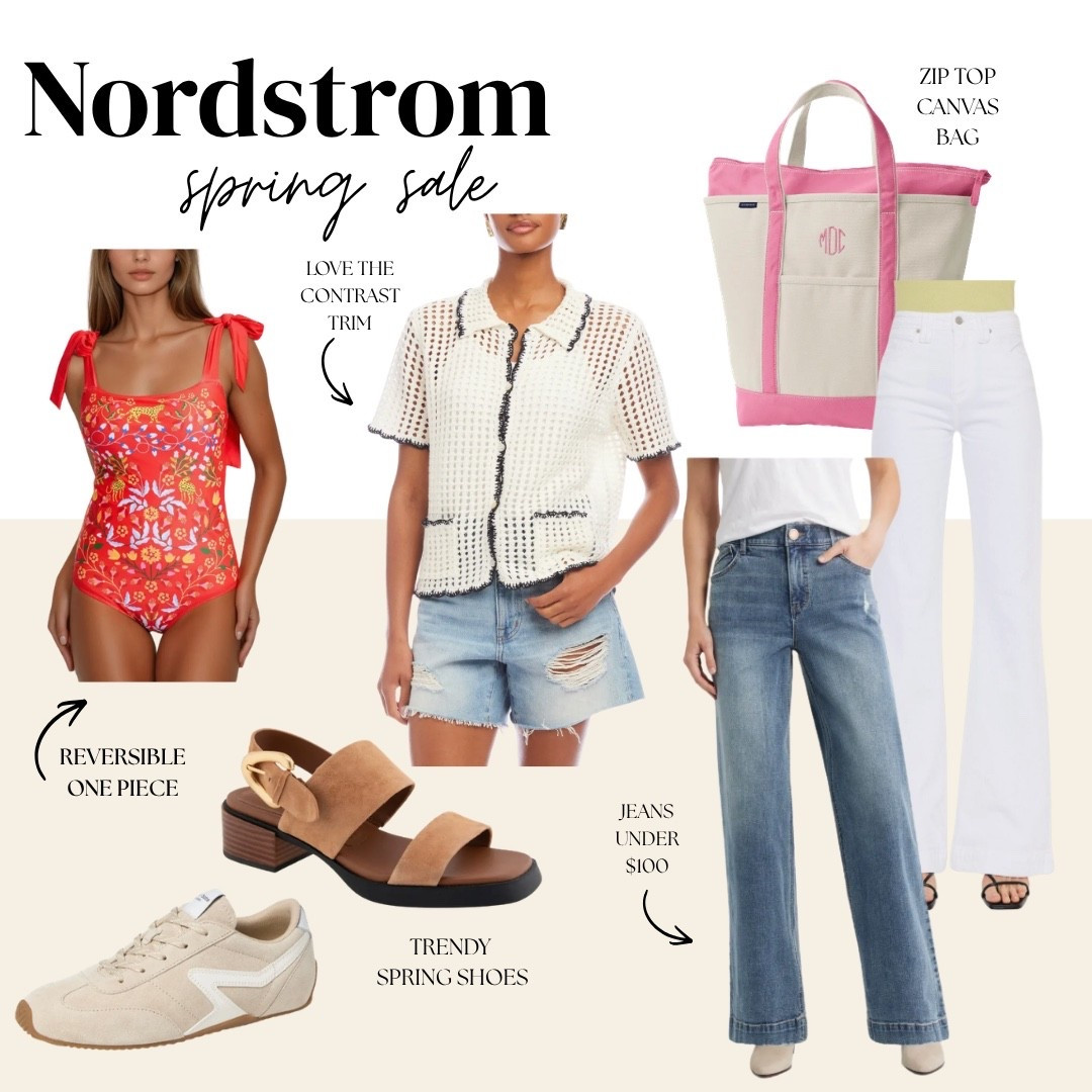 The Nordstrom Spring Sale is here and these are the pieces worth adding to your cart right now 🙌✨ Reversible floral one piece, cream crochet cardigan with contrast trim, jeans under $100, white wide-leg jeans, monogrammable zip top canvas tote in pink, trendy spring sandals, and the most classic cream retro sneakers — so many good ones and all on sale. Do not wait on these! 

#LTKSeasonal #LTKSaleAlert #LTKootd
