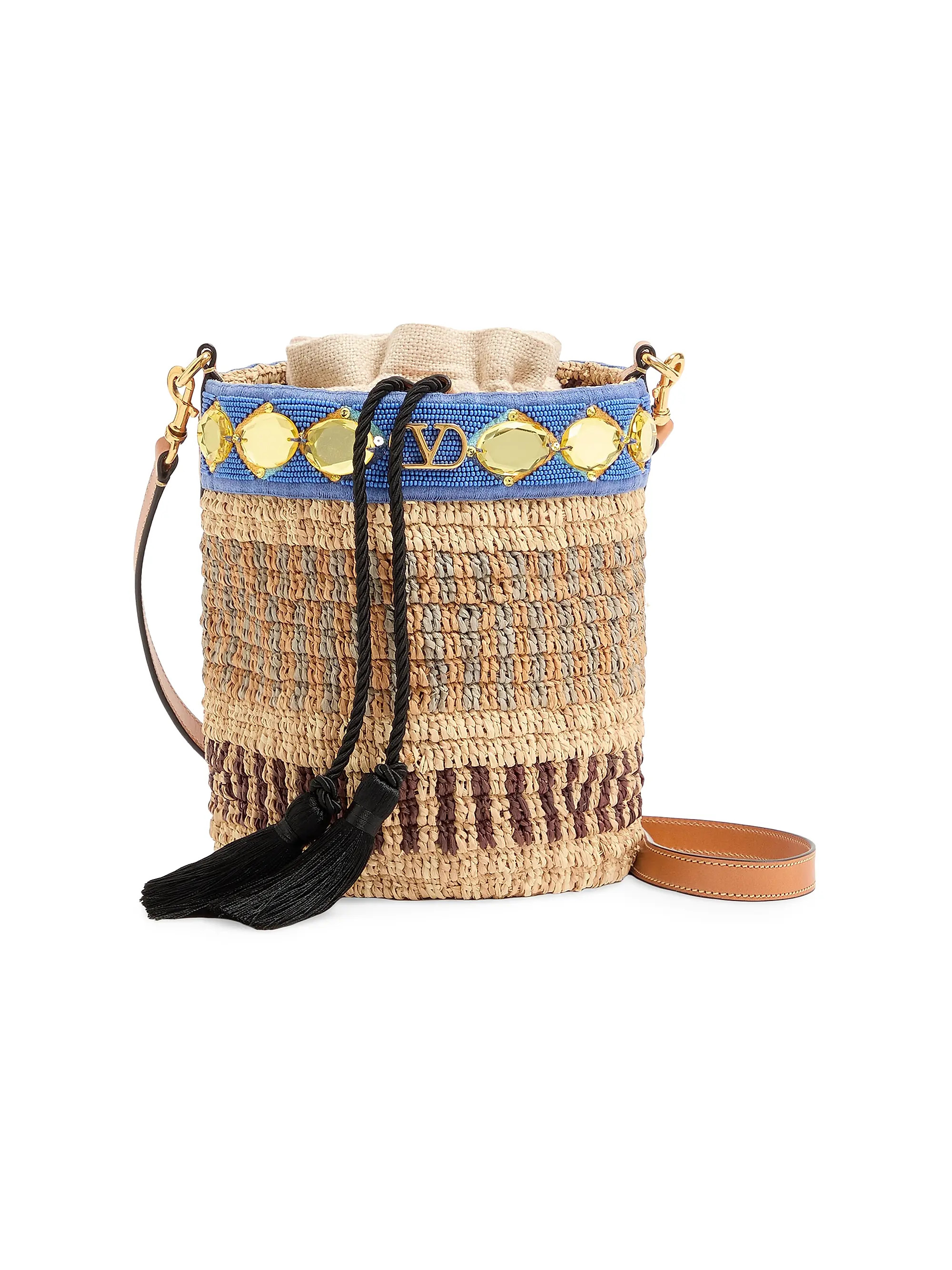 Valentino Garavani Small Embroidered Bucket Bag in Raffia | Saks Fifth Avenue | Saks Fifth Avenue