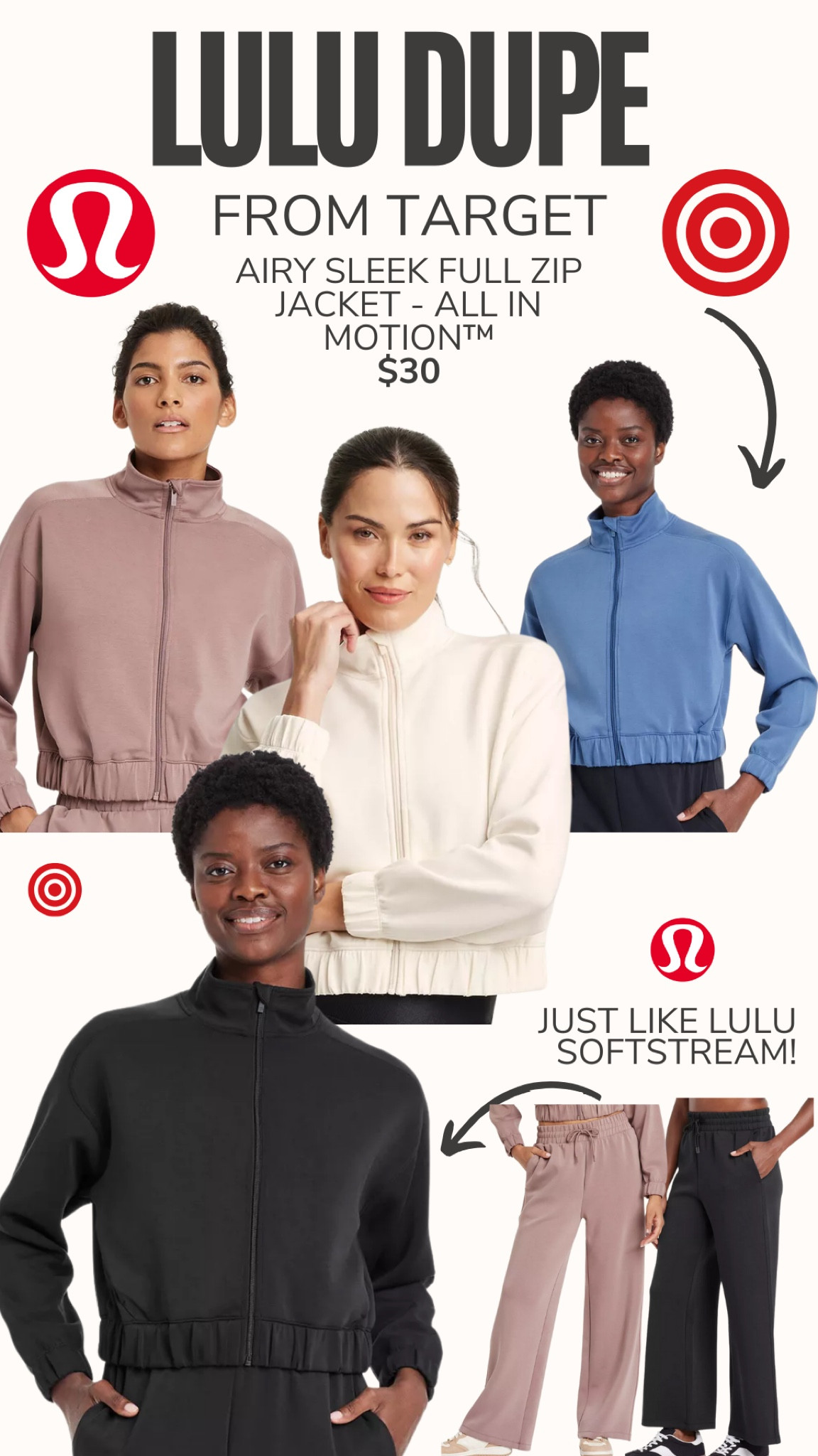 The cutest zip up from Target that feels
Just like the Lululemon Softstream. Only $30. 

#LTKStyleTip #LTKOver40 #LTKFindsUnder50