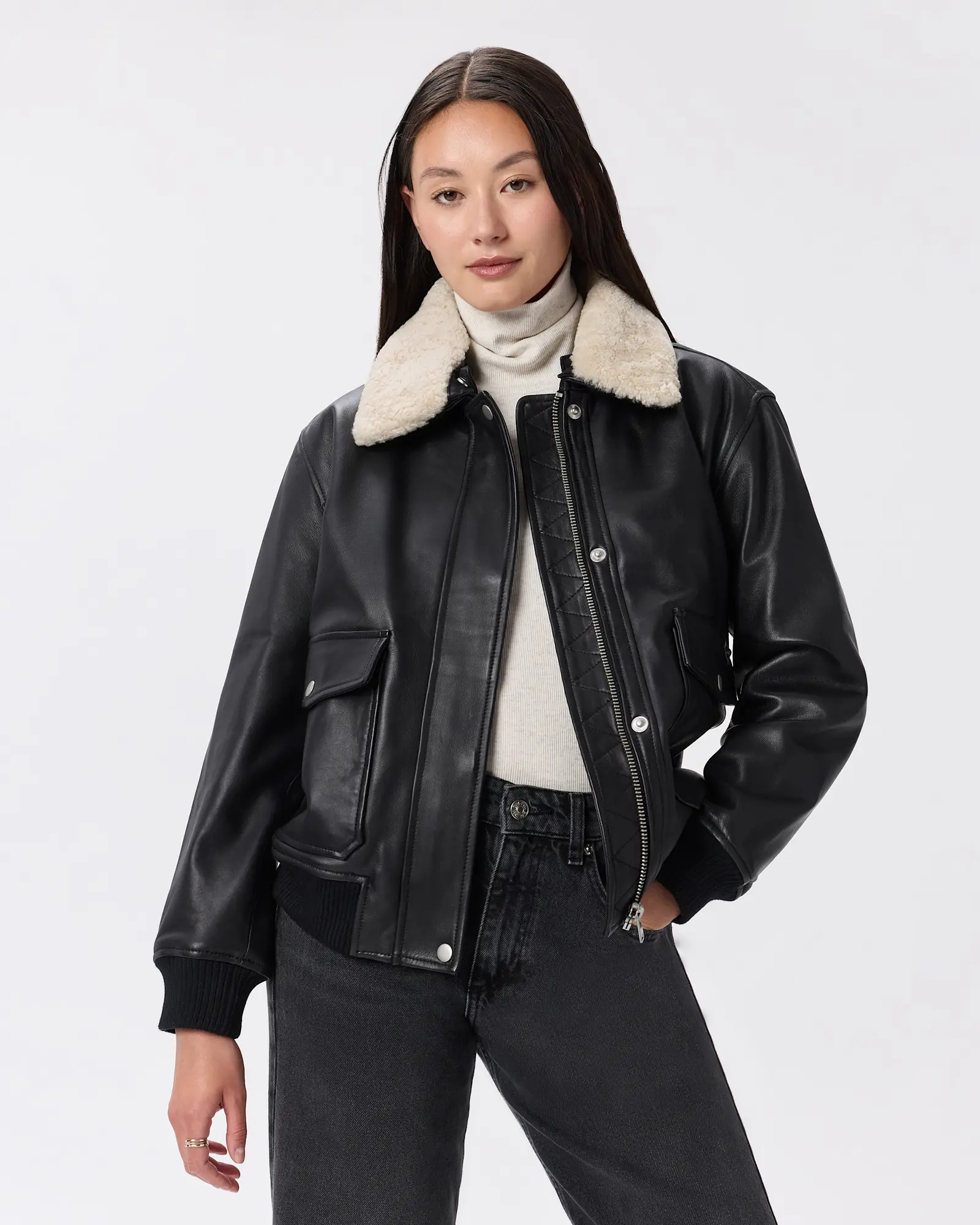 100% Leather Shearling Trim Aviator Jacket  in Black | Quince