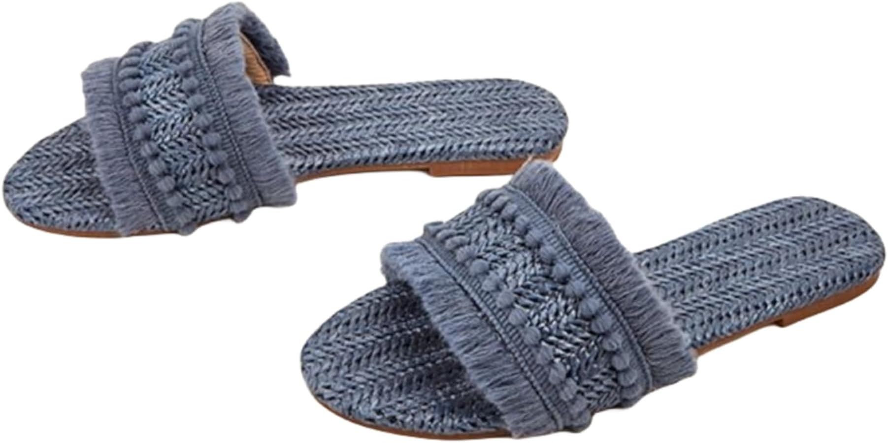 FRZTOUR Women's Raffia Sandals Straw Woven Flats Fringe Crochet Nonslip Comfy Beach Slides for Su... | Amazon (US)