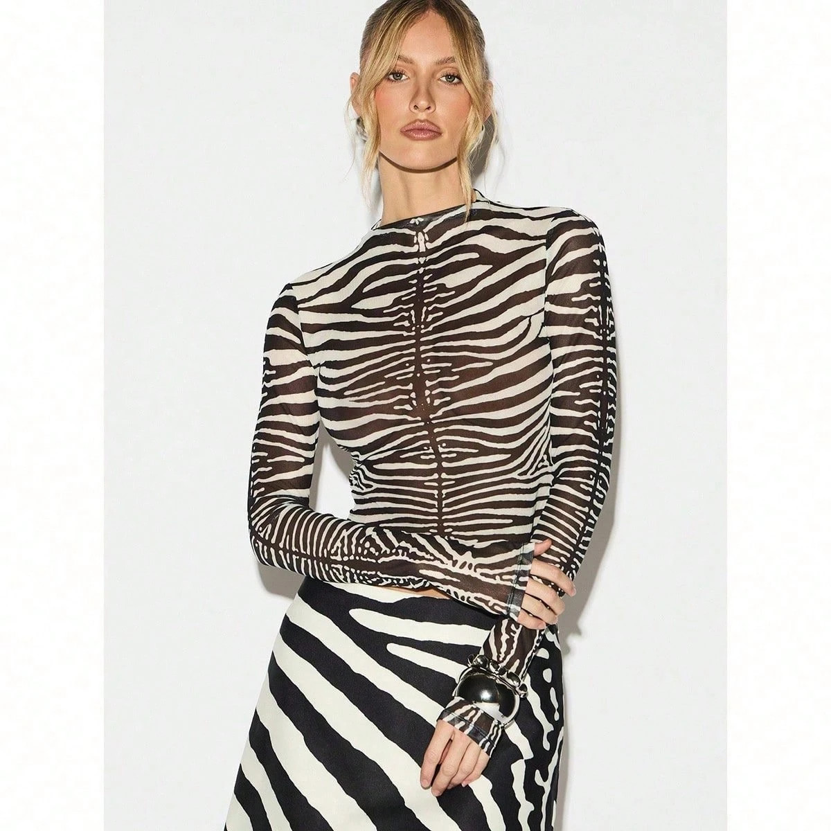 KIZN Zebra Print Long Sleeve Mesh Top Animal Pattern Fitted Crew Neck Fashion Blouse With Transparent Overlay Style | SHEIN