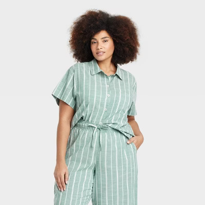 Women's Striped Cotton Blend Short Sleeve Pajama Shirt - Auden™ Green 4X | Target
