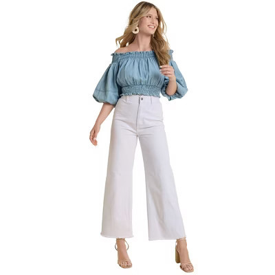 VENUS Womens Off-The-Shoulder Cropped To  -  M, Blue & White | Target