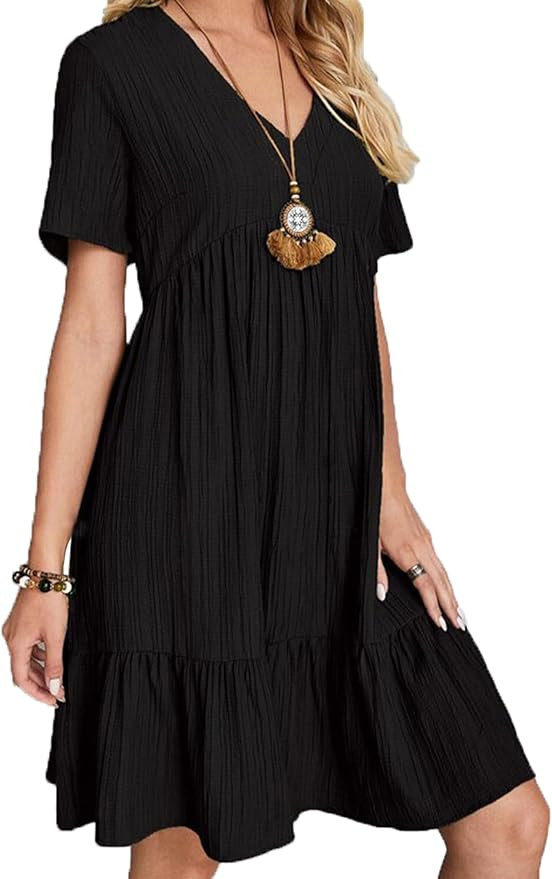 Women's Summer Dresses Casual Midi Swing Short Sleeve V Neck Tiered A Line Flowy Beach Dress Sund... | Amazon (US)