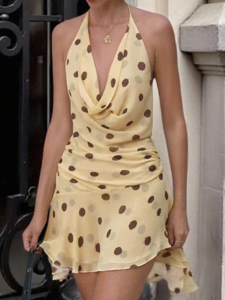 INAWLY Women's Polka Dot Print Backless Halter Mini Dress, Sexy | SHEIN